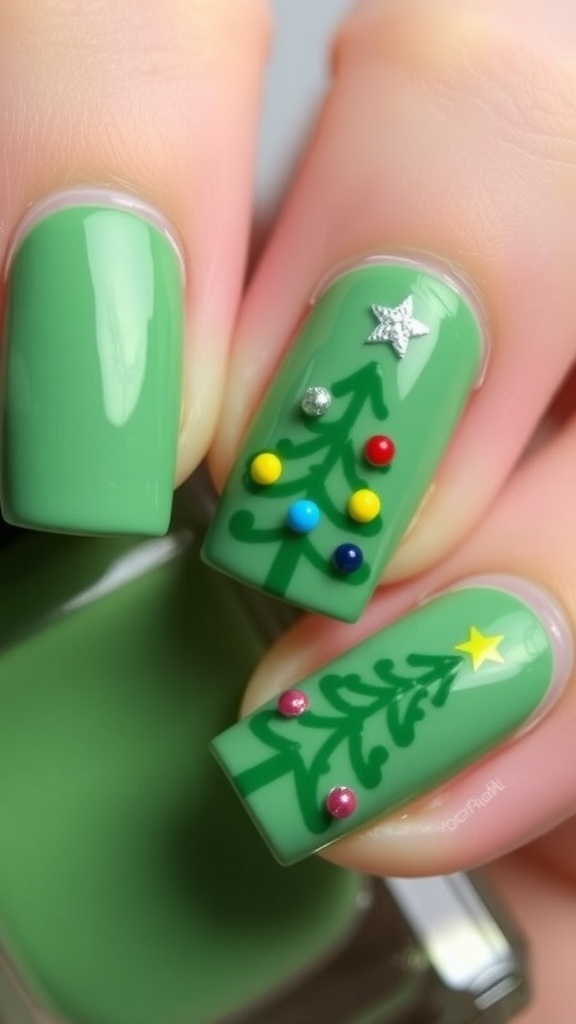 Close-up of nails with a Christmas tree design, featuring green trees, colorful ornaments, and a star.